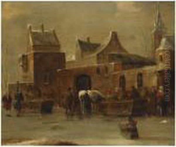A Winter Landscape With Figures
And Horses Outside The City Wall, On A Frozen River, A Child On A Sleigh
In The Foregroud - view 1