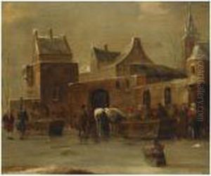 A Winter Landscape With Figures 
And Horses Outside The City Wall, On A Frozen River, A Child On A Sleigh
 In The Foregroud