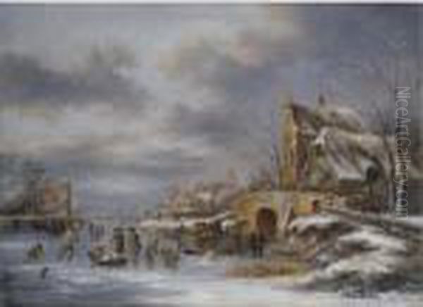 A Winter Landscape With Skaters And Other Figures On A Frozen River - view 1