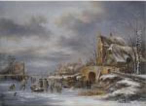 A Winter Landscape With Skaters And Other Figures On A Frozen River by Claes Molenaar (see Molenaer)