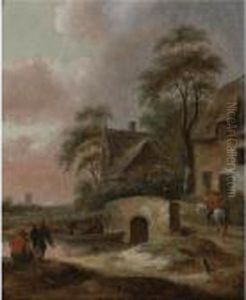 Landscape With Houses By A River With Figures Along The Bank And In A Boat by Claes Molenaar (see Molenaer)