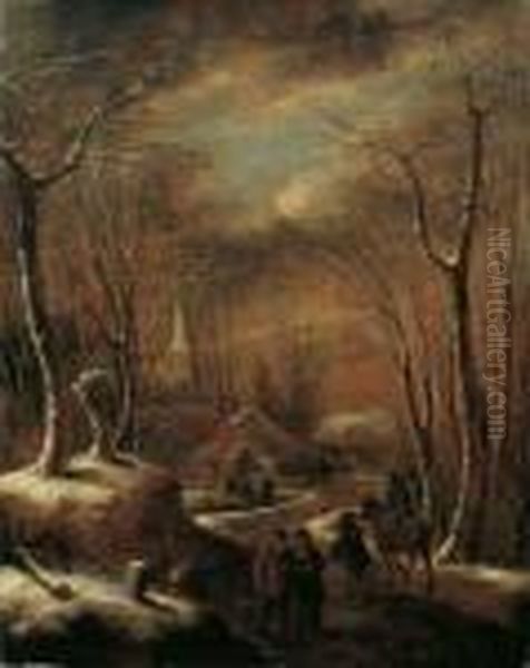 Winterlandschaft Mit Wanderern
Vor Einem Dorf. Signiert Unten Rechts: K. Molenaer. Ol Auf - view 1