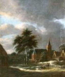 Winterliches Dorf Mit Kirche Und Passanten by Claes Molenaar (see Molenaer)