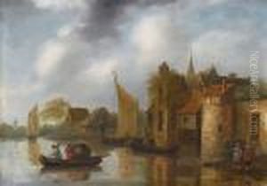 A Riverside Village With Eel Catchers In Boats