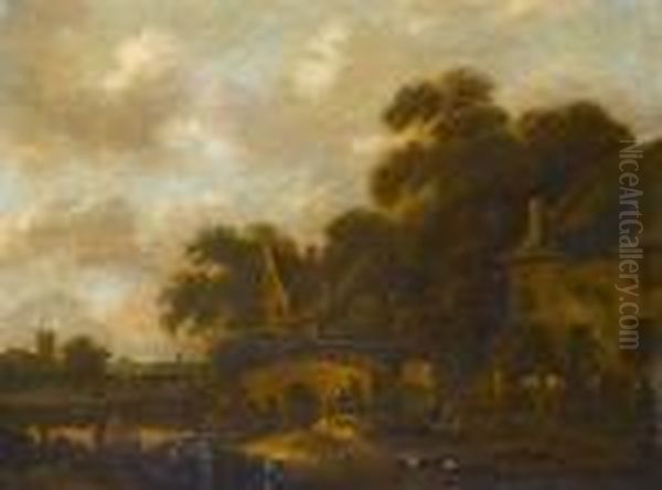 A Riverside Village With A Figure Resting Before A Tavern - view 1