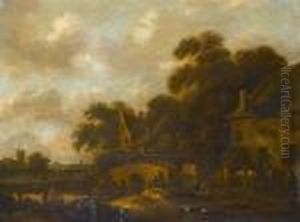 A Riverside Village With A Figure Resting Before A Tavern