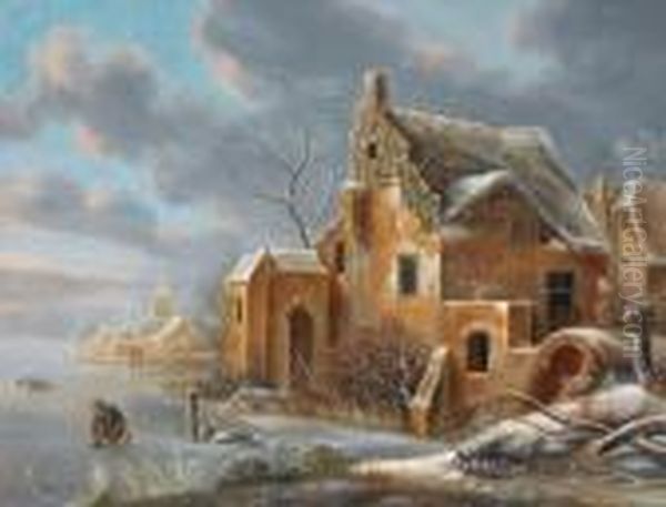 Paesaggio Invernale Con Pattinatori Sul Ghiaccio Accanto A Un Villaggio - view 1