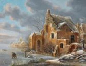Paesaggio Invernale Con Pattinatori Sul Ghiaccio Accanto A Un Villaggio by Claes Molenaar (see Molenaer)