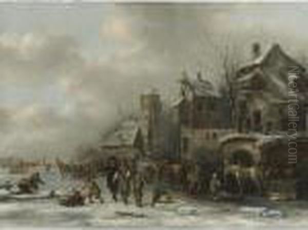Winter Landscape With Two Gentleman And Peasants On A Frozen River By A Village - view 1
