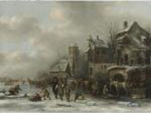 Winter Landscape With Two Gentleman And Peasants On A Frozen River By A Village by Claes Molenaar (see Molenaer)