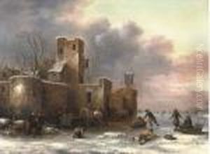 A Winter Landscape With Figures Skating Outside A City Wall A Winter Landscape With Figures Skating Outside A City Wall