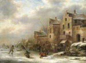 A Winter Landscape With Skaters By A Village by Claes Molenaar (see Molenaer)