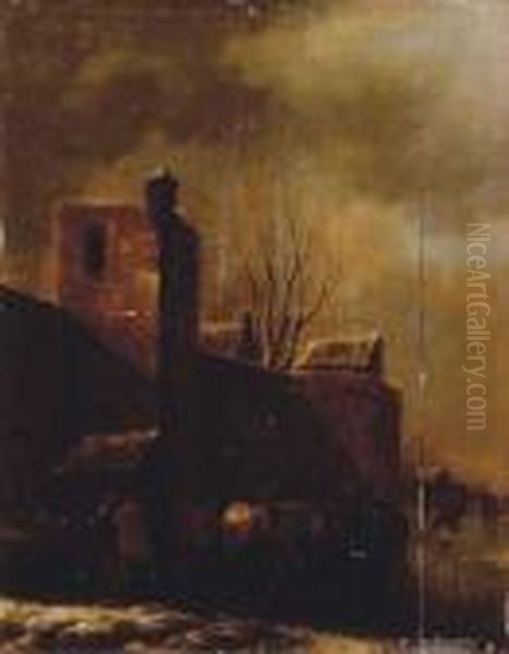 A Winter Landscape With Peasants On A Frozen Waterway Outside A Town Wall - view 1