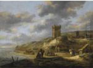 The Beach At Scheveningen With Fishermen Selling Their Catch by Claes Molenaar (see Molenaer)