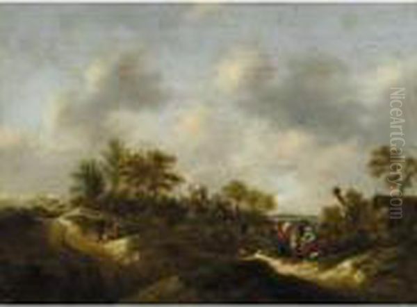 A Dune Landscape With Figures Resting Before A Cottage, A Church Beyond - view 1