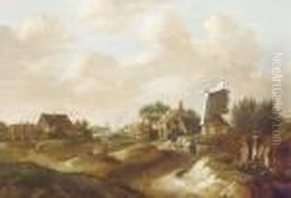 A Country Village With A Windmill And Travellers On A Path - view 1