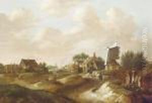 A Country Village With A Windmill And Travellers On A Path by Claes Molenaar (see Molenaer)