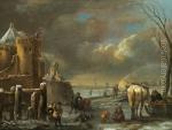 Paesaggio Invernale Con Una Citta Fortificata E Molte Figure - view 1