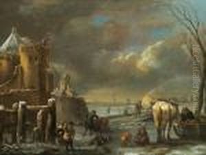 Paesaggio Invernale Con Una Citta Fortificata E Molte Figure