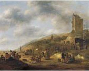 Fisherfolk With Townspeople On A Beach by Claes Molenaar (see Molenaer)
