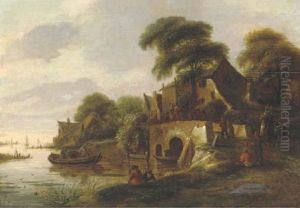 A River Landscape With Peasants Gathered On A Bridge In A Village A River Landscape With Peasants Gathered On A Bridge In A Village