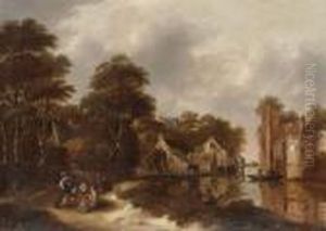 A Wooded River Landscape With 
Travellers Resting On A Path And Anglers On The Bank, A Village Beyond