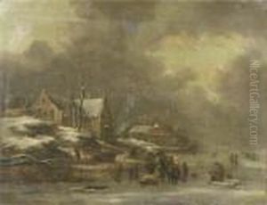 A Winter Landscape With Figures Skating On Frozen Water, A Villagenearby