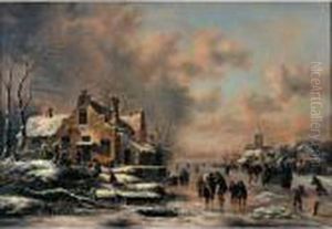 A Winter Landscape With Figures 
Skating On A Frozen River Before A House, Children Playing