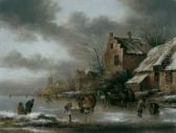 Winterlandschaft Mit Eislaufern Vor Einer Stadt. - view 1