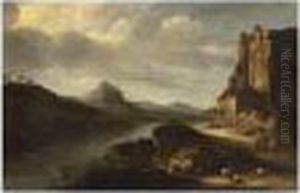 An Extensive Italianate River Landscape With Figures Resting Near Ruins An Extensive Italianate River Landscape With Figures Resting Near Ruins