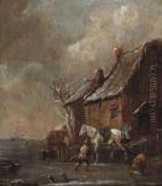 A Winter Landscape With Figures Skating And Playing Kolf On Afrozen River By A Farm - view 1