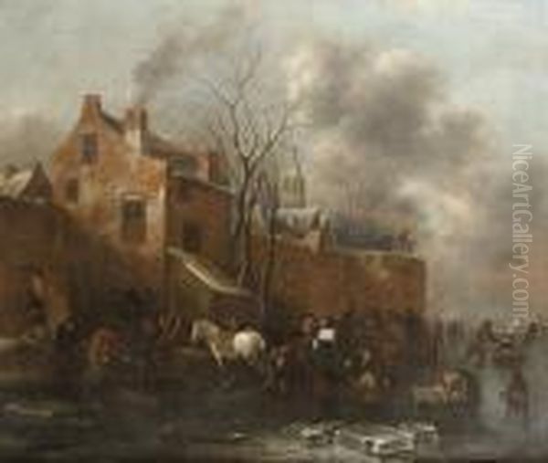 A Winter Landscape With Skaters
On A Frozen River, Workmen Unloading Their Sledges And Numerous Other
Figures Outside The Walls Of A Walled Town - view 1