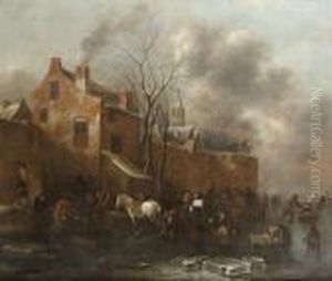 A Winter Landscape With Skaters 
On A Frozen River, Workmen Unloading Their Sledges And Numerous Other 
Figures Outside The Walls Of A Walled Town