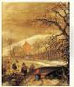 Paysage Anime De Patineurs Sur Lac Gele