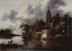 A River Landscape With A Rowing Boat By A Fortified Town, Anglersin The Foreground