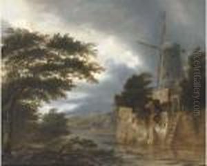 A Wooded River Landscape With A Windmill by Claes Molenaar (see Molenaer)