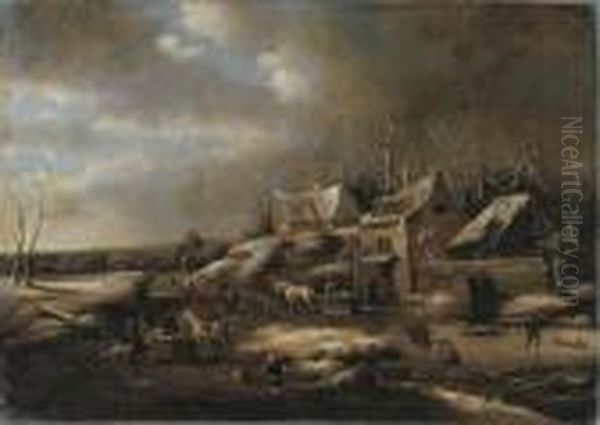 A Winter Landscape With Townsfolk On A Frozen Waterway By A Tavern - view 1