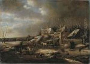 A Winter Landscape With Townsfolk On A Frozen Waterway By A Tavern