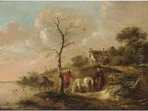 A Wooded Landscape With
Travellers Watering Their Horses Near A River, Figures Swimming And A
Horseman On A Path Near A Farm - view 1