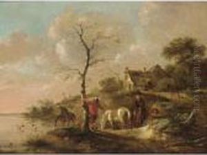 A Wooded Landscape With
Travellers Watering Their Horses Near A River, Figures Swimming And A
Horseman On A Path Near A Farm by Claes Molenaar (see Molenaer)