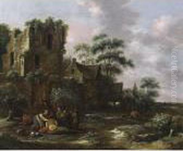 A Village Scene With Peasants 
And Their Children Near A Ruined Tower, A Tavern With Horsemen And Other
 Figures In The Background - view 1