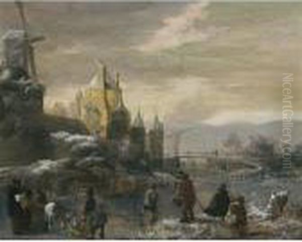 A Winter Landscape With Skaters,
 Two Horsedrawn Sledges And Other Figures Before The Walls Of A City - view 1