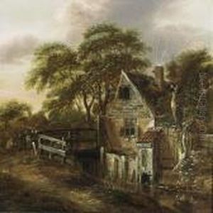 A Wooded Landscape With A Farm Near A Stream, And Figures On A Bridge