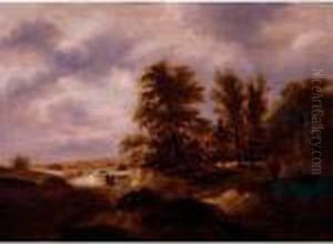 Wooded Landscape With Figures Gathered Near Cottages by Claes Molenaar (see Molenaer)