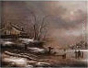 Winter Scene With Figures Beside A Frozen River by Claes Molenaar (see Molenaer)