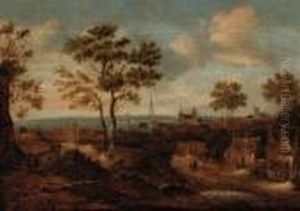 A Wooded Landscape With A View Of A Town by Claes Molenaar (see Molenaer)