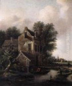 A Fisherman In A Rowing Boat On A Moat By A Fortified Mansion A Fisherman In A Rowing Boat On A Moat By A Fortified Mansion