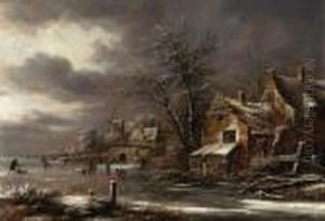 A Winter Landscape With Skaters On A Frozen River By Avillage