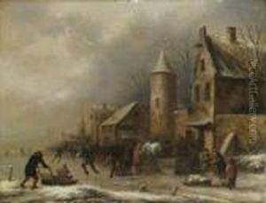 Peasants Skating On A Frozen River By An Inn By A Watchtower
