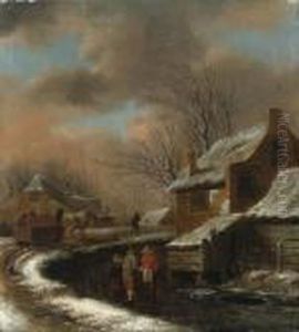 A Winter Landscape With Peasants In A Village, Travellers In A Carton A Path Beyond